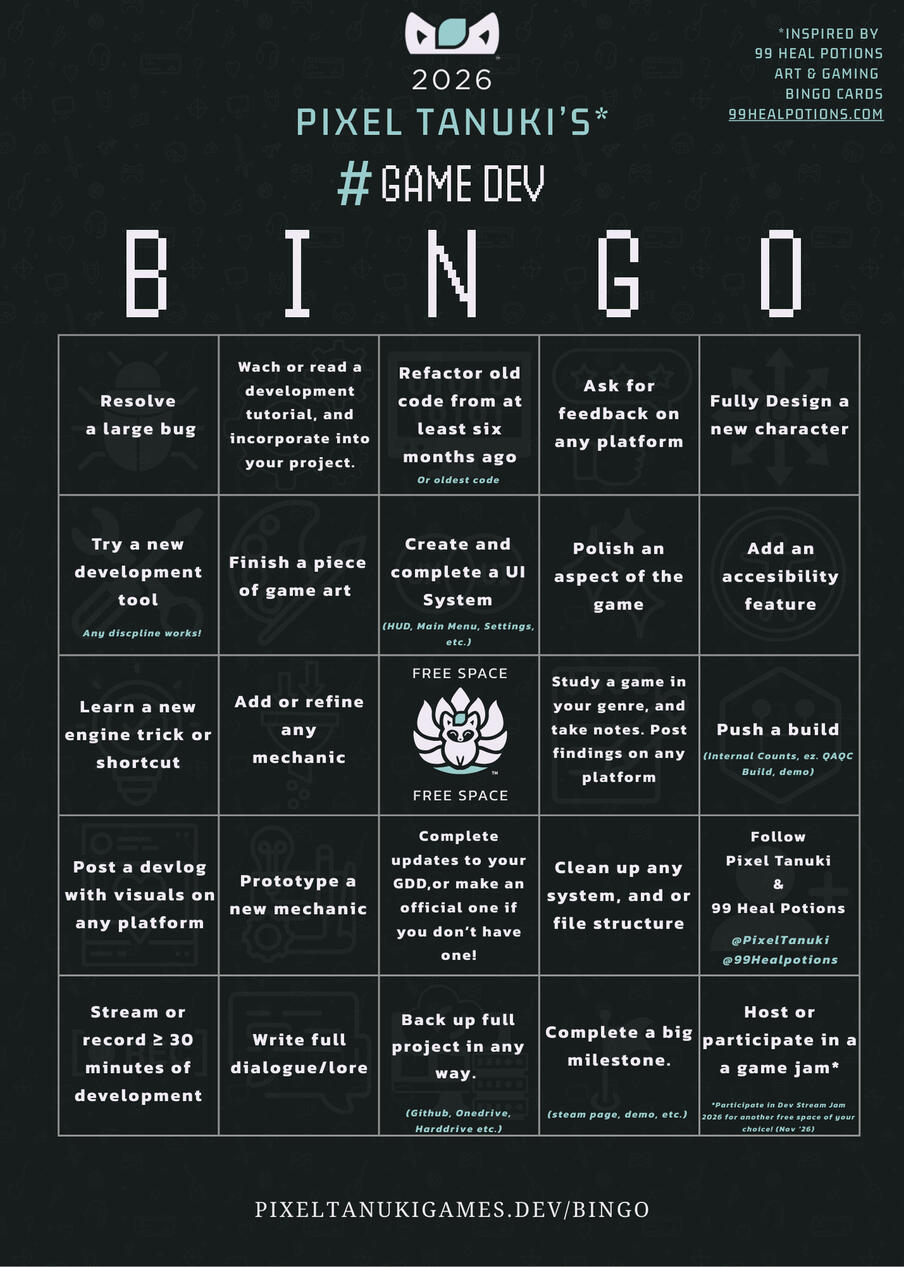 Pixel Tanuki Game Dev Bingo Card Pixel Tanuki Game Dev Bingo Card