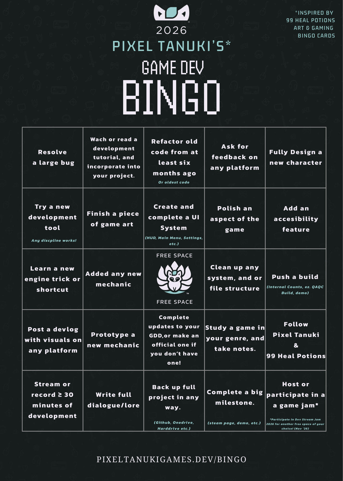 Pixel Tanuki Game Dev Bingo Card Pixel Tanuki Game Dev Bingo Card